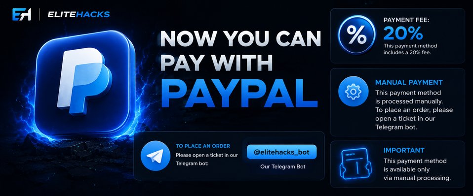 You can make manual purchase with Paypal, make a ticket on bot https://t.me/elitehacks_bot